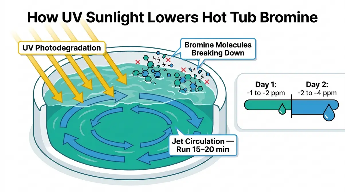 How to Lower Bromine in a Hot Tub: 3 Safe Methods 10 Diagram showing UV sunlight breaking down bromine in uncovered hot tub with jets circulating water