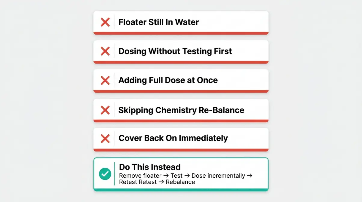 How to Lower Bromine in a Hot Tub: 3 Safe Methods 15 Checklist infographic showing five common mistakes when trying to lower bromine levels in a hot tub
