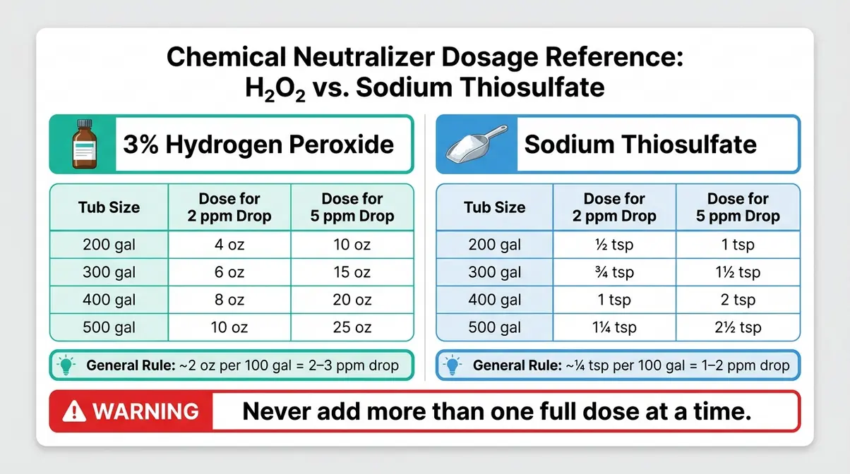 How to Lower Bromine in a Hot Tub: 3 Safe Methods 14 Dosage reference chart comparing hydrogen peroxide and sodium thiosulfate amounts for lowering hot tub bromine