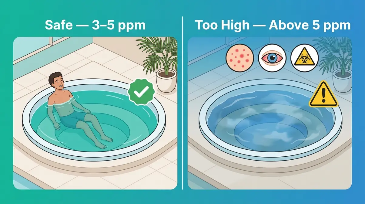 How to Lower Bromine in a Hot Tub: 3 Safe Methods 7 Split illustration comparing safe bromine levels in hot tub versus dangerous high bromine effects on skin