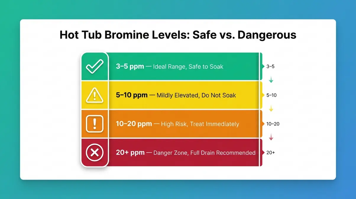 How to Lower Bromine in a Hot Tub: 3 Safe Methods 8 Infographic comparison chart of safe versus dangerous bromine levels in a hot tub by ppm range