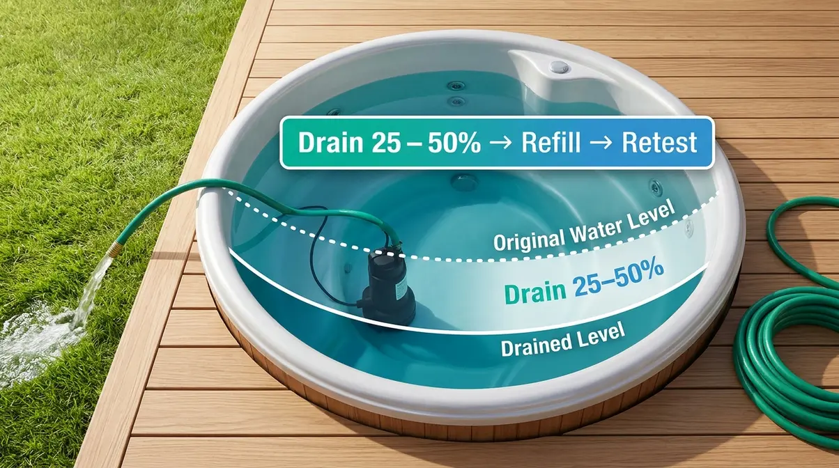 How to Lower Bromine in a Hot Tub: 3 Safe Methods 11 Submersible pump draining hot tub water to lower bromine through partial drain and refill method