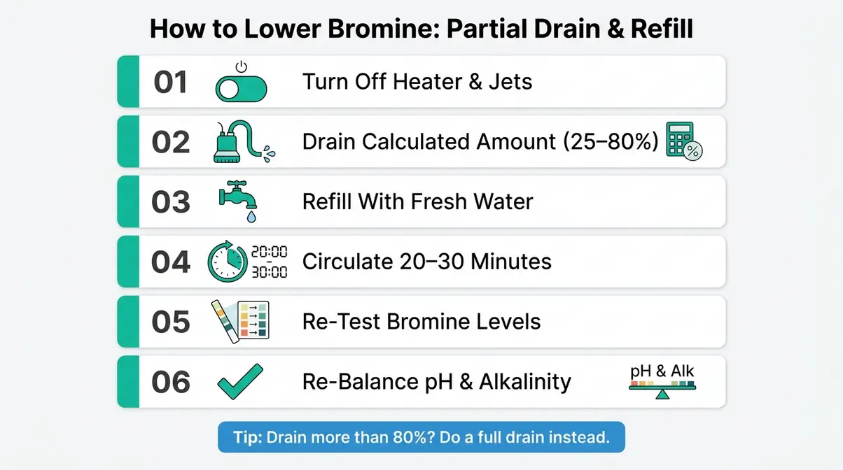 How to Lower Bromine in a Hot Tub: 3 Safe Methods 12 Step-by-step infographic showing six steps to drain and refill a hot tub to lower bromine levels