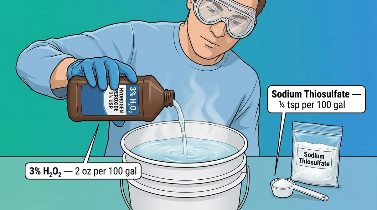 How to Lower Bromine in a Hot Tub: 3 Safe Methods 13 Gloved hands measuring hydrogen peroxide into bucket for chemical bromine neutralizer treatment in hot tub