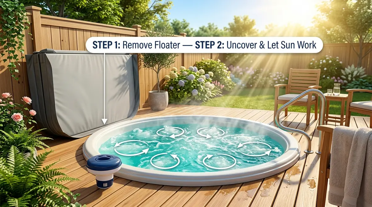 How to Lower Bromine in a Hot Tub: 3 Safe Methods 9 Hot tub uncovered in direct sunlight with bromine floater removed to allow natural bromine dissipation