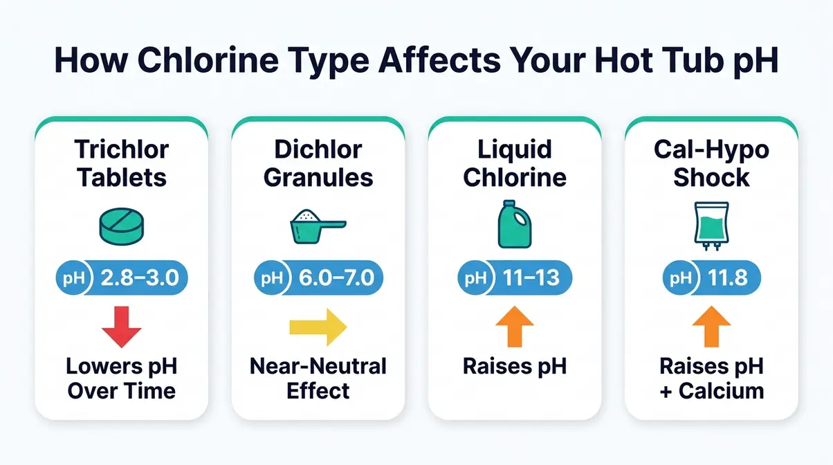 How to Lower pH in Hot Tub: Fix It Fast & Keep It Stable 16 Comparison of how trichlor dichlor liquid chlorine and cal-hypo shock affect hot tub pH levels