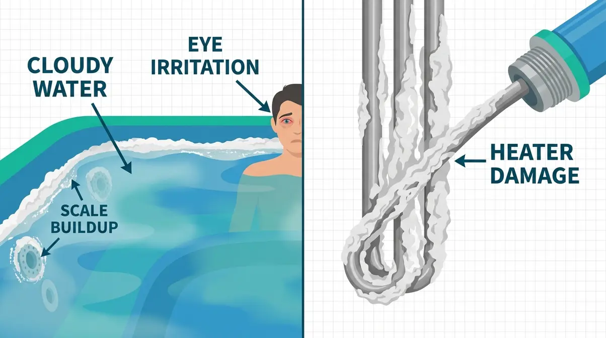 How to Lower pH in Hot Tub: Fix It Fast & Keep It Stable 8 Effects of high pH in hot tub showing cloudy water scale buildup and heater damage