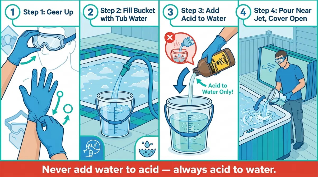 How to Lower pH in Hot Tub: Fix It Fast & Keep It Stable 10 Step-by-step safety guide for adding muriatic acid to lower pH in hot tub