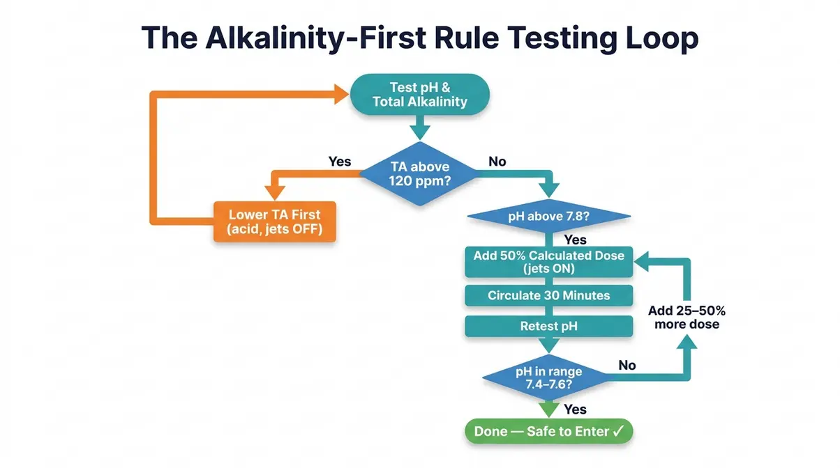 How to Lower pH in Hot Tub: Fix It Fast & Keep It Stable 11 pH correction flowchart for hot tub owners showing the Alkalinity-First Rule testing loop