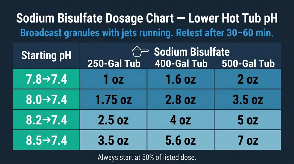 How to Lower pH in Hot Tub: Fix It Fast & Keep It Stable 13 Sodium bisulfate dosage chart for hot tub pH reduction by tub size 250 400 500 gallons