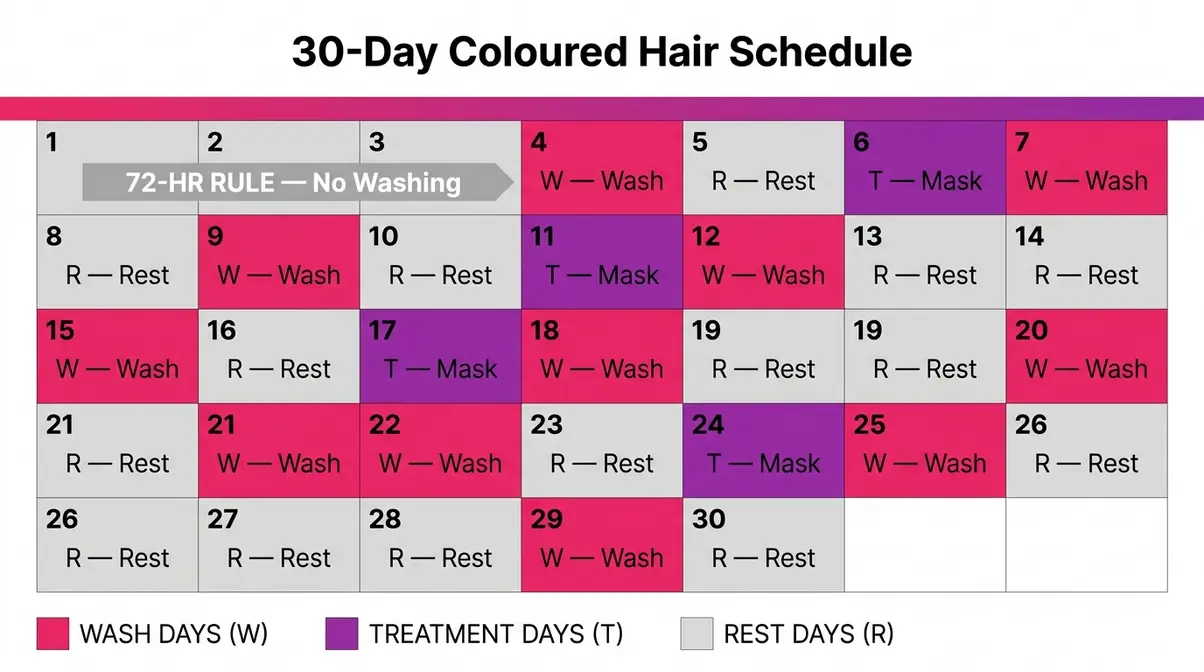 30-day coloured hair washing schedule calendar showing wash days, treatment days, and rest days