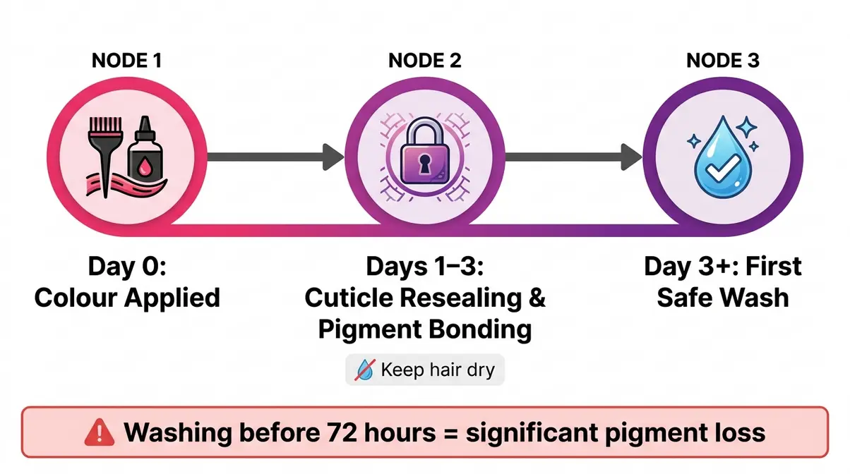 72-hour hair colour setting timeline showing when it is safe to wash coloured hair after dyeing