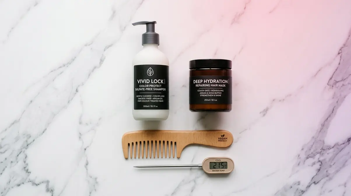 Flat-lay of colour-safe hair washing products including sulfate-free shampoo and deep conditioning mask
