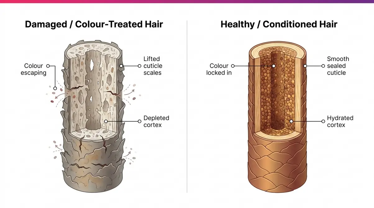 Cross-section diagram comparing damaged colour-treated hair with healthy conditioned hair showing cuticle and cortex differences