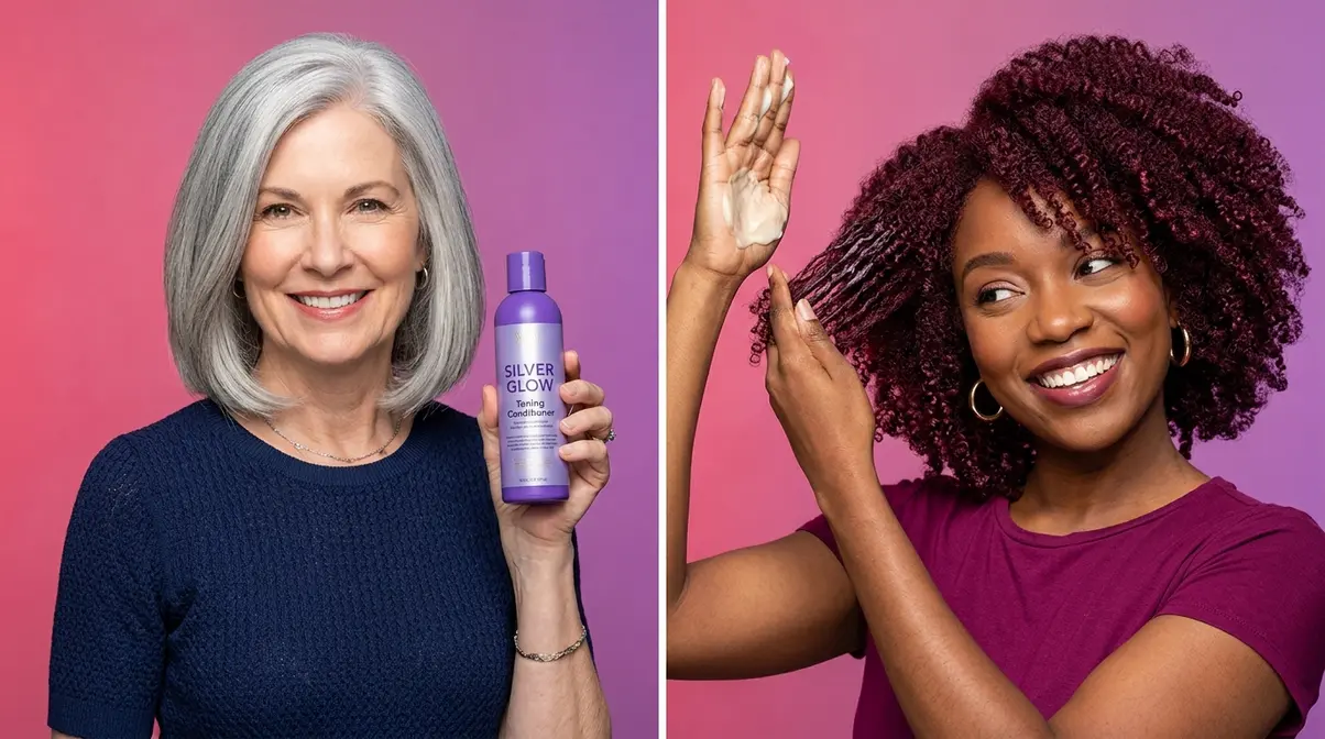 Gray-haired woman and coily-haired woman maintaining coloured hair with specialist products and techniques