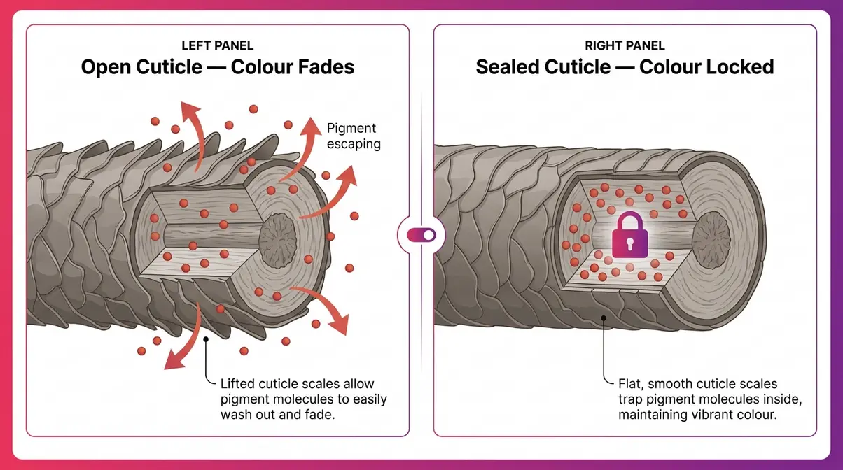 Diagram showing how an open hair cuticle causes colour fade versus a sealed cuticle that locks in pigment