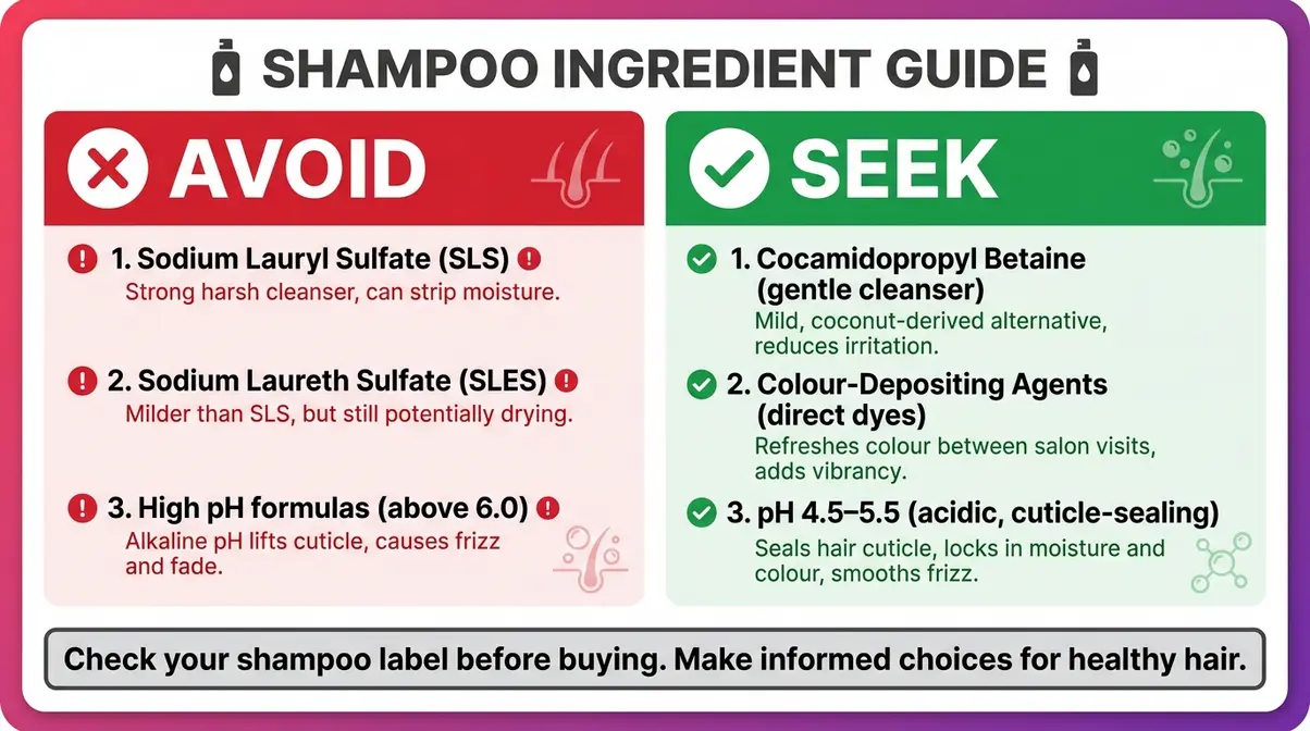 Shampoo ingredient guide for coloured hair showing ingredients to avoid versus ingredients to look for