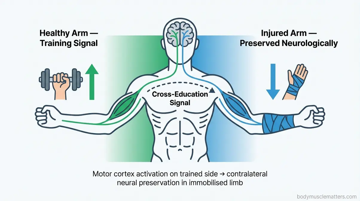 Diagram showing cross-education signals travelling from healthy trained arm to preserve injured arm neurologically
