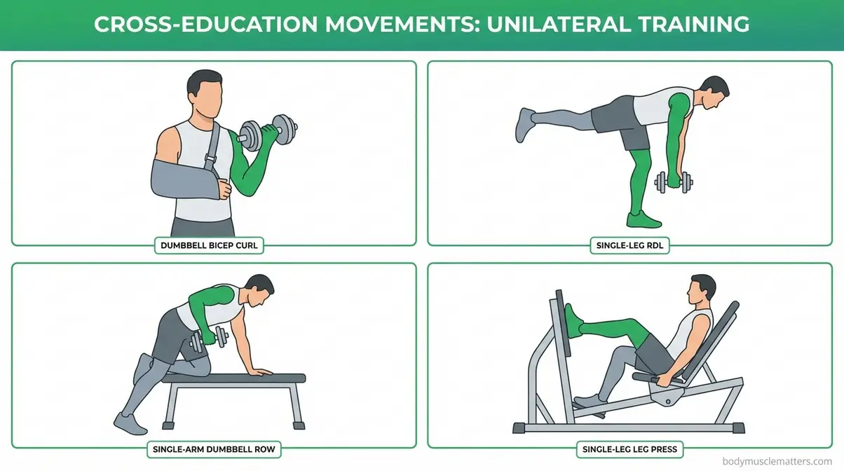 Four cross-education training exercises for injury recovery: bicep curl, single-leg deadlift, dumbbell row, leg press