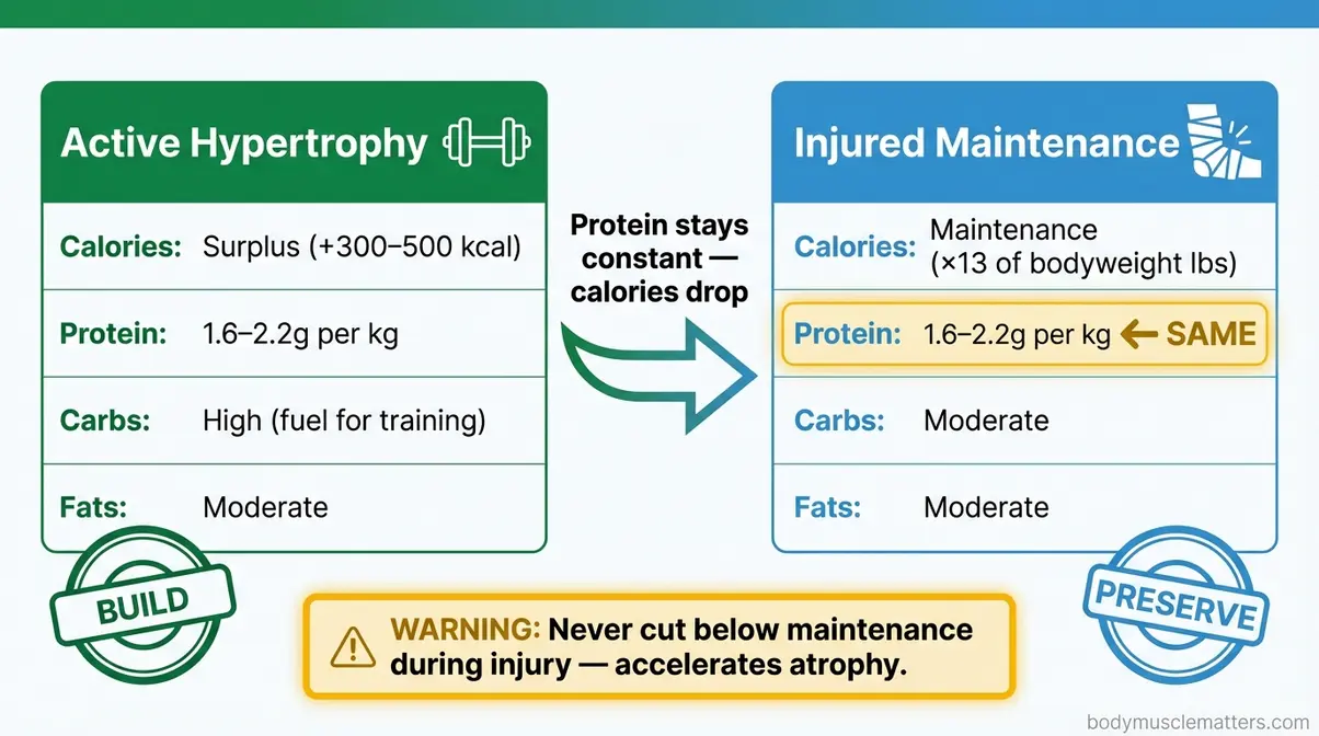 Side-by-side macronutrient comparison chart for active hypertrophy versus injured muscle maintenance recovery mode