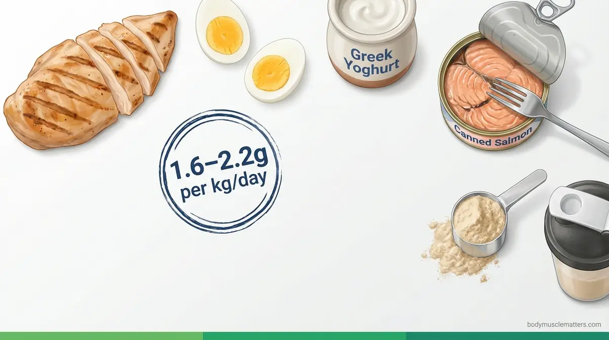 High-protein recovery foods including chicken, eggs, Greek yoghurt, salmon and whey protein for injury nutrition