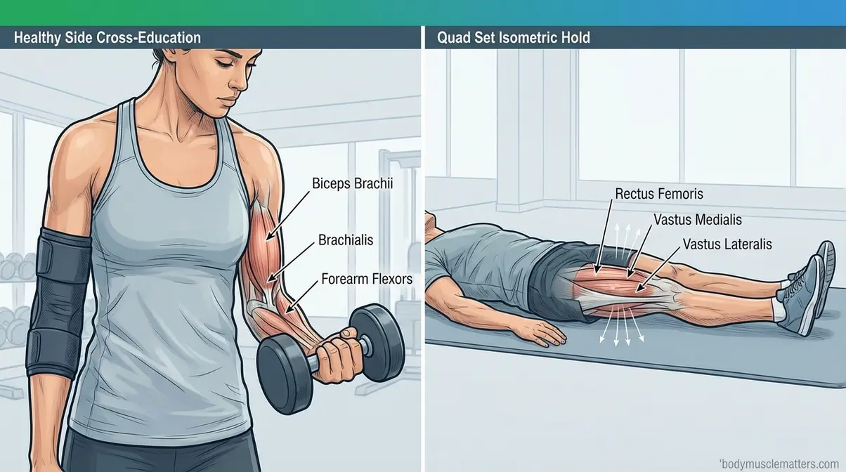 Injury rehabilitation exercises showing cross-education dumbbell curl and isometric quad hold techniques
