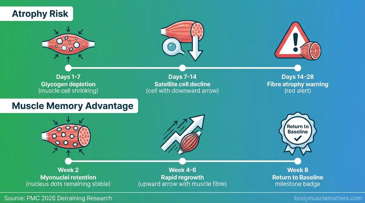 How to maintain muscle while injured: timeline showing atrophy days one to fourteen versus muscle memory regrowth