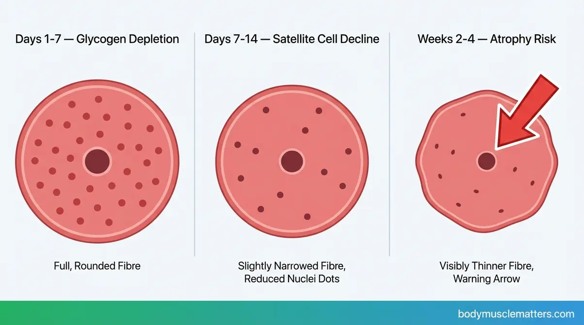 Muscle atrophy timeline diagram showing fibre changes from day one through weeks two to four of inactivity
