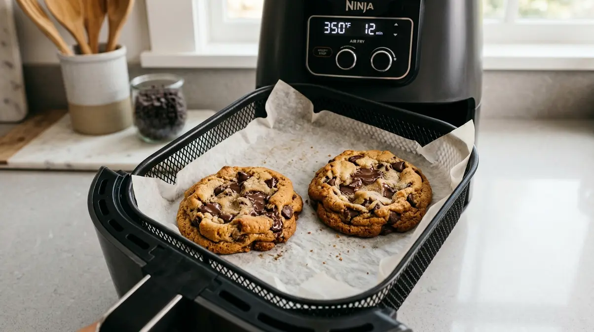 Chewy chocolate chip cookies baking in an air fryer basket at 320 degrees for six to seven minutes