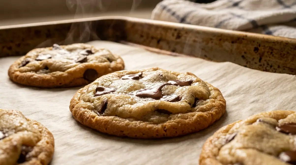 Freshly baked chewy cookies on parchment with golden edges and slightly underdone pale centers just out of oven