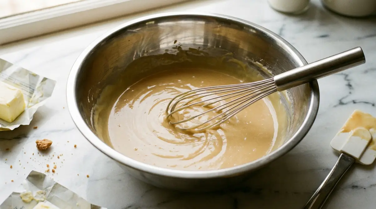 Pale tan butter and sugar mixture in a mixing bowl after 60 seconds of whisking — smooth and glossy