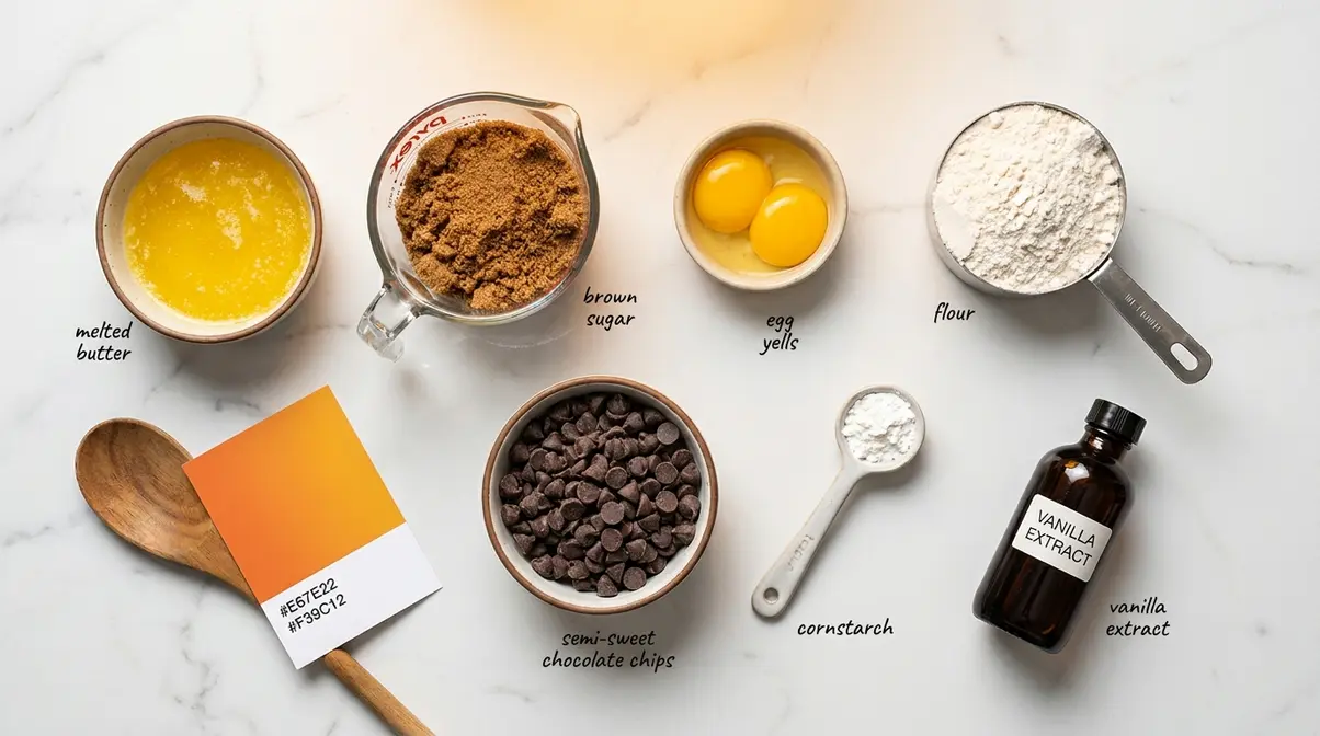 Flat-lay of chewy cookie ingredients: melted butter, brown sugar, egg yolks, flour, and chocolate chips