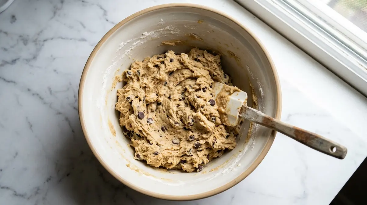 Cookie dough in mixing bowl at just-combined stage with a few flour streaks visible — correct chewy cookie texture