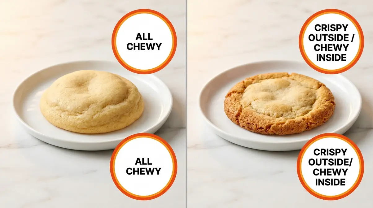 Side-by-side comparison of all-chewy cookie versus crispy-outside chewy-inside cookie showing texture differences