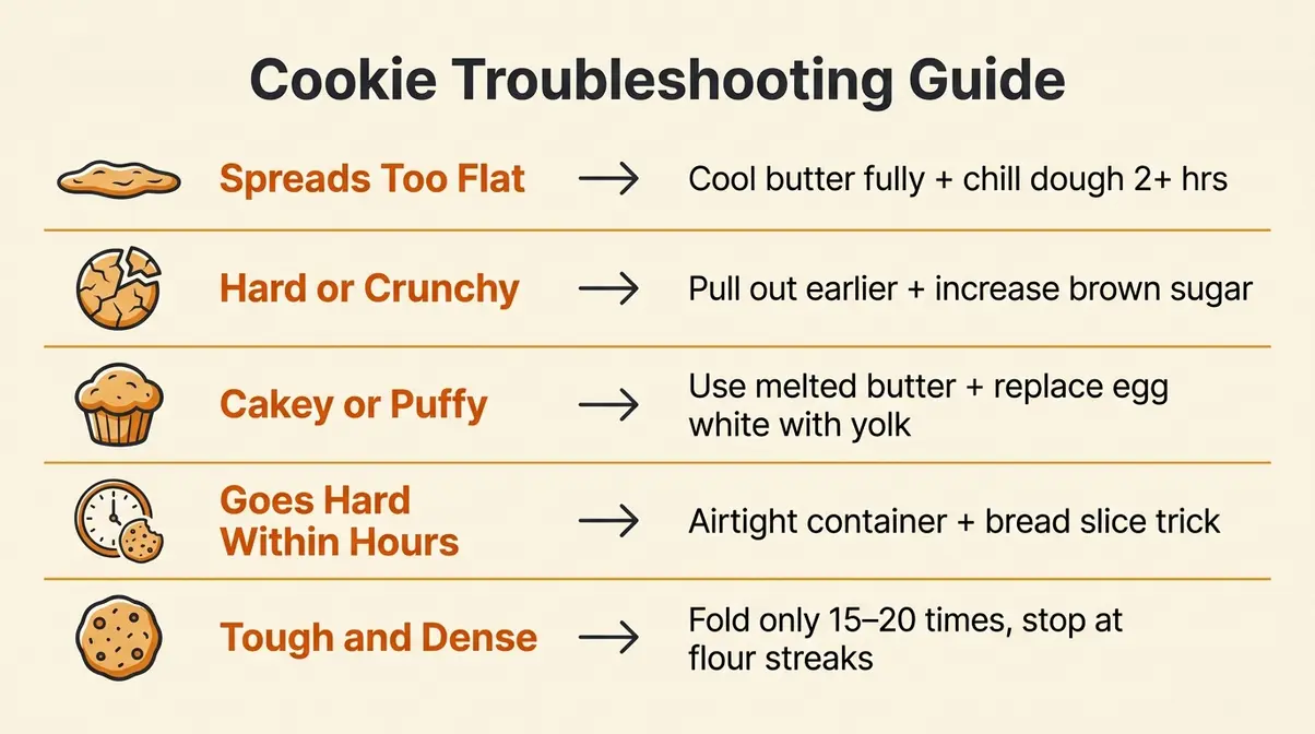 Infographic troubleshooting chart showing five common cookie problems — flat, hard, cakey, goes hard, tough — with fixes
