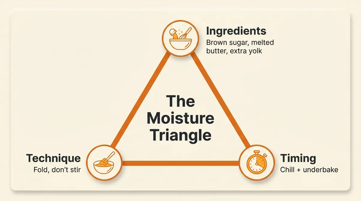 Infographic showing The Moisture Triangle: ingredients, technique, and timing forming a triangle for chewy cookies