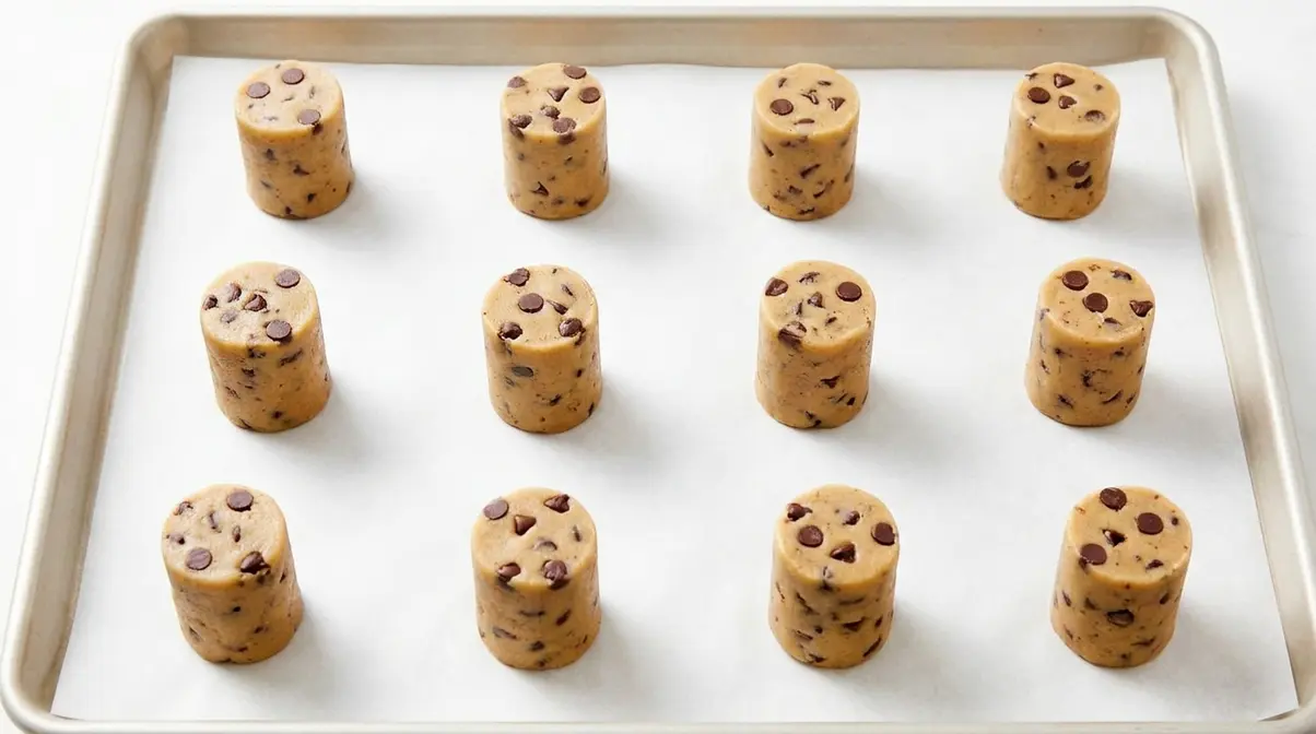 Chilled cookie dough balls shaped tall and spaced on parchment-lined baking sheet ready for the oven