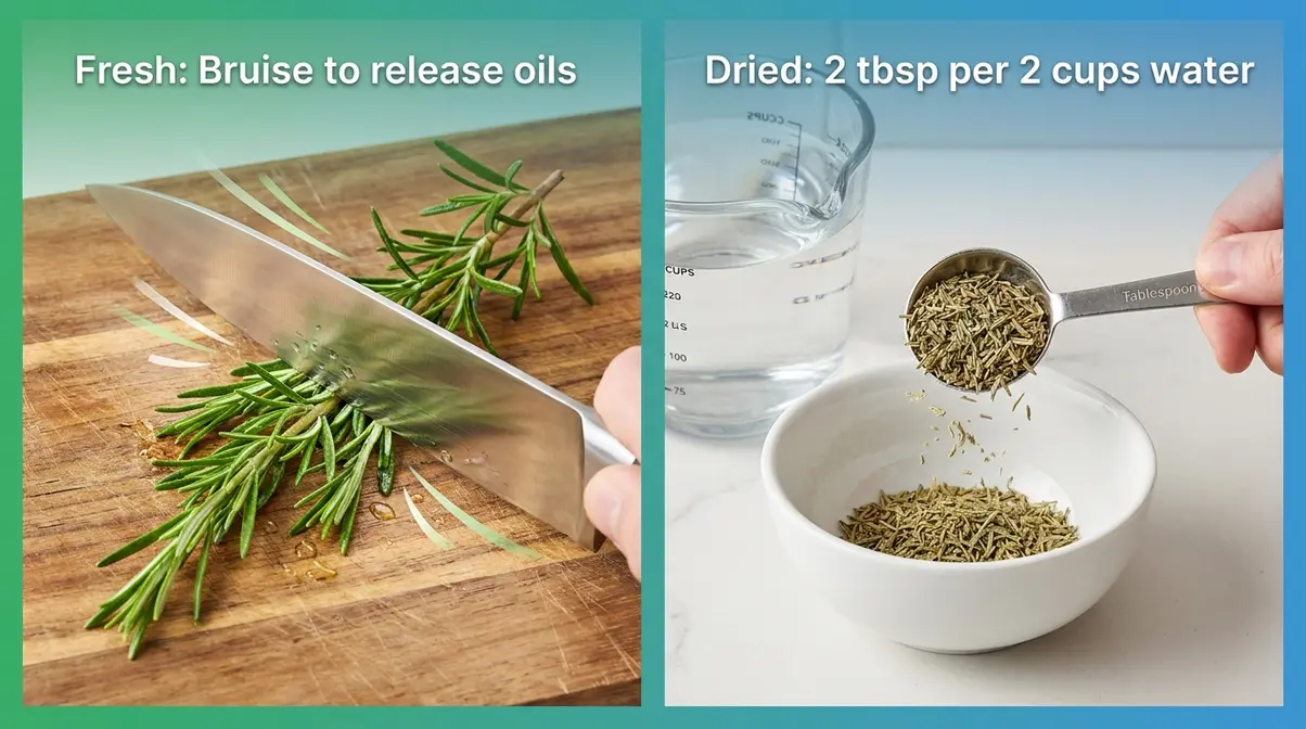 Preparing fresh and dried rosemary for hair water — bruising sprigs and measuring dried leaves