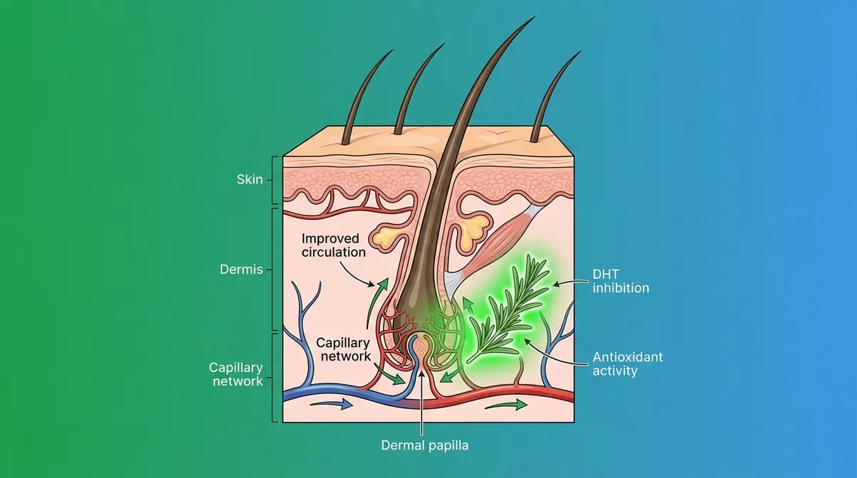 Scientific diagram showing how rosemary water stimulates hair follicles through improved scalp circulation