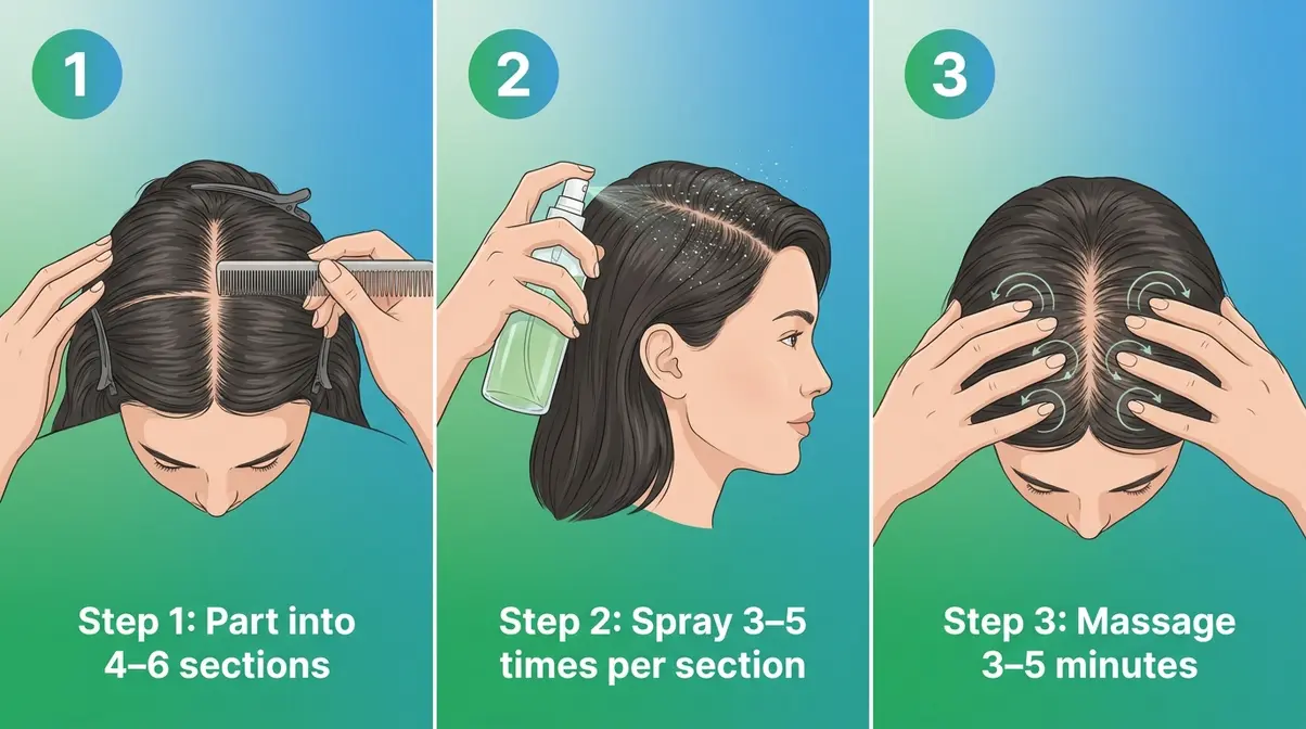 How to apply rosemary water for hair growth — parting sections, spraying at roots, and scalp massage steps