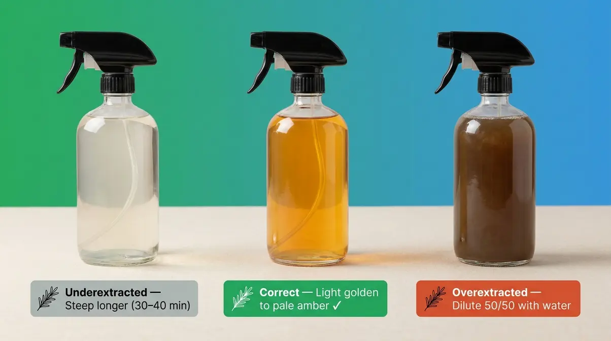 Three rosemary water batches showing underextracted clear, correct golden-amber, and overextracted dark brown results