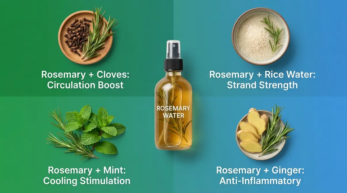 Rosemary water combination recipes — cloves, rice water, mint, and ginger add-ins for hair growth