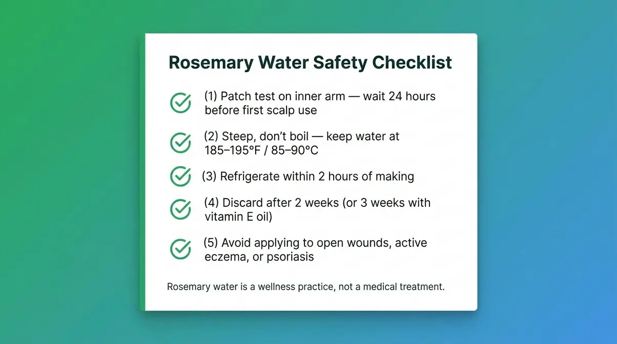 Rosemary water for hair safety checklist — patch test, steep temperature, storage, and when to stop