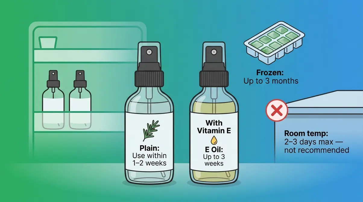 Rosemary water storage guide showing shelf life for refrigerated, vitamin E, and frozen methods
