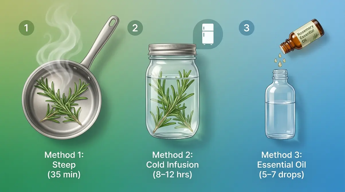 Three methods for making rosemary water for hair — steeping, cold infusion, and essential oil dilution side by side