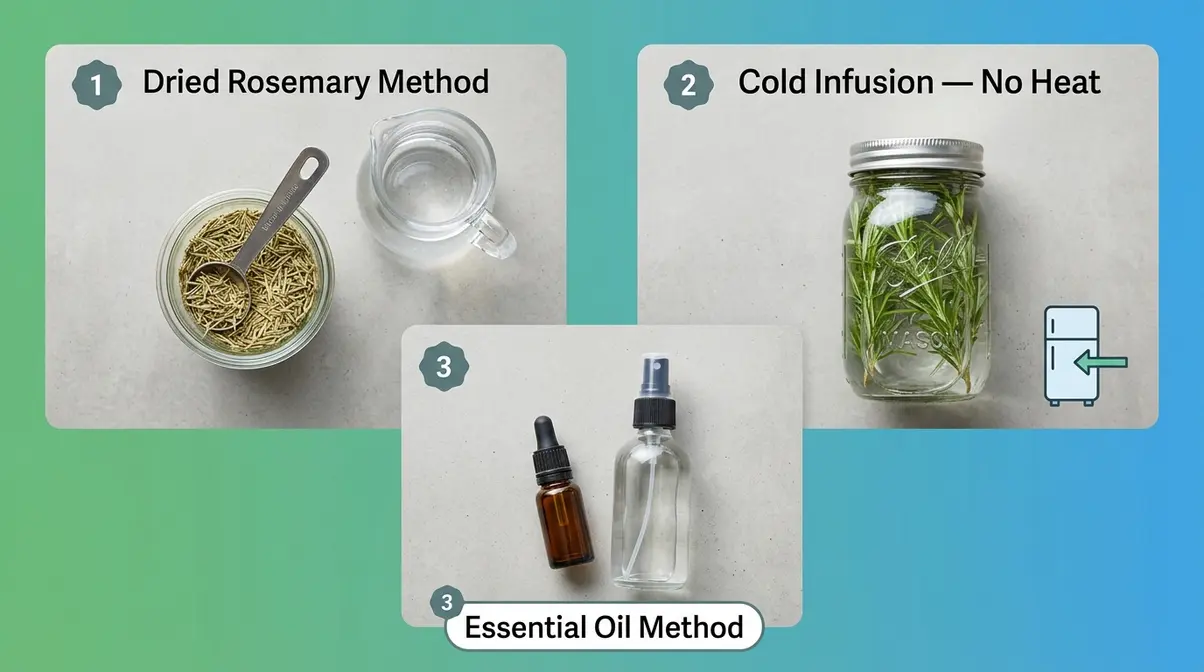 Three rosemary water preparation variations — dried rosemary, cold infusion, and essential oil methods