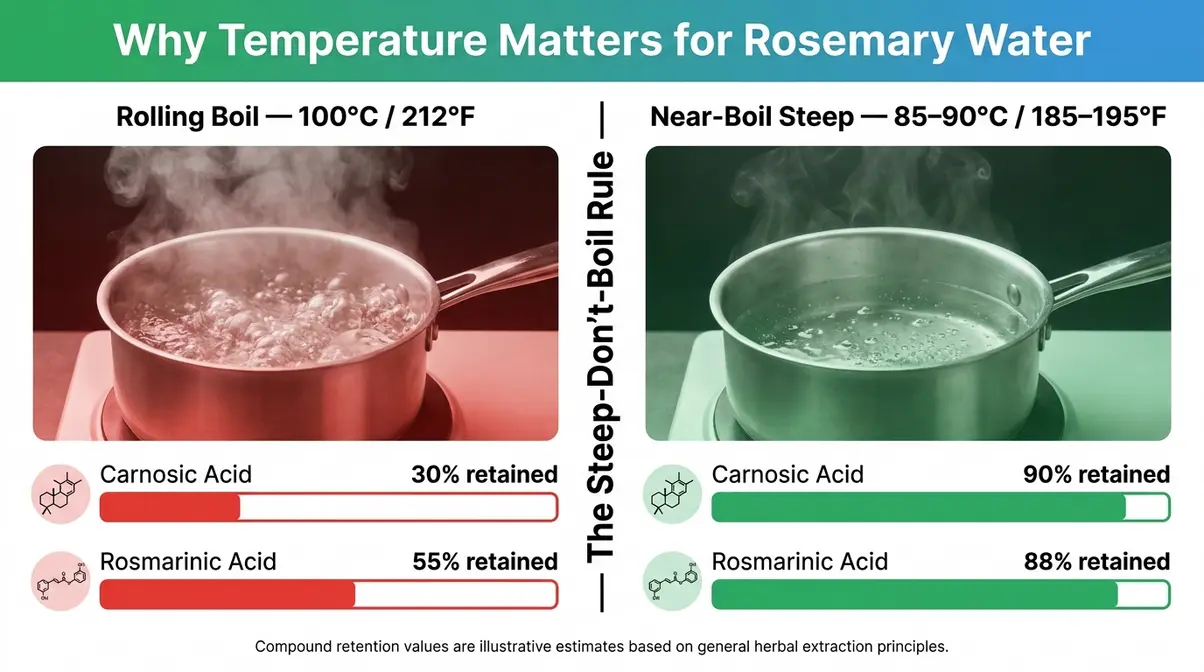 Infographic showing Steep-Don't-Boil Rule — rosemary compound retention at 85–90°C versus 100°C boiling