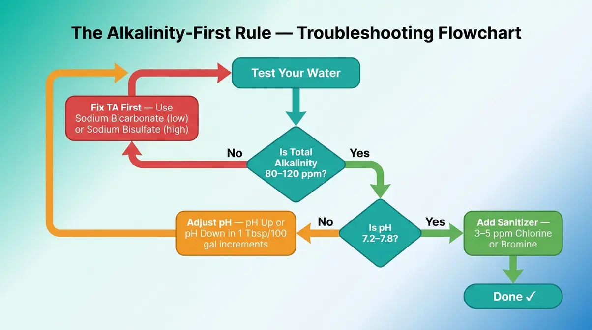 How to Manage Hot Tub pH Levels: Beginner's Guide 6 Alkalinity-First flowchart showing how to manage hot tub pH levels by fixing Total Alkalinity before pH adjustment