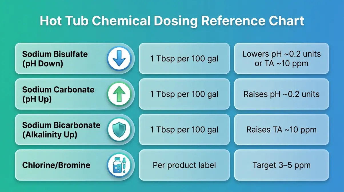 How to Manage Hot Tub pH Levels: Beginner's Guide 4 Hot tub chemical dosing reference chart showing how to manage hot tub pH levels with exact tablespoon measurements