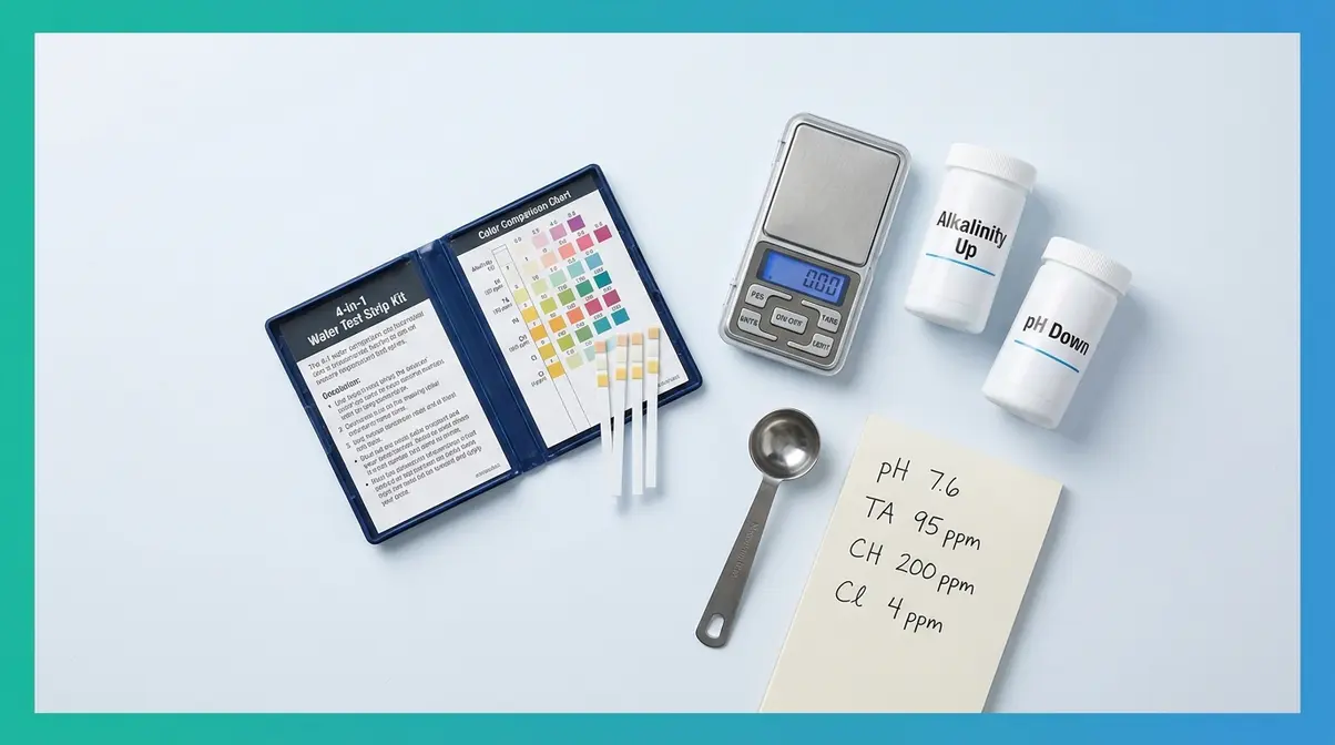 How to Manage Hot Tub pH Levels: Beginner's Guide 1 Hot tub water chemistry test kit and chemicals arranged as beginner starter tools for pH balancing